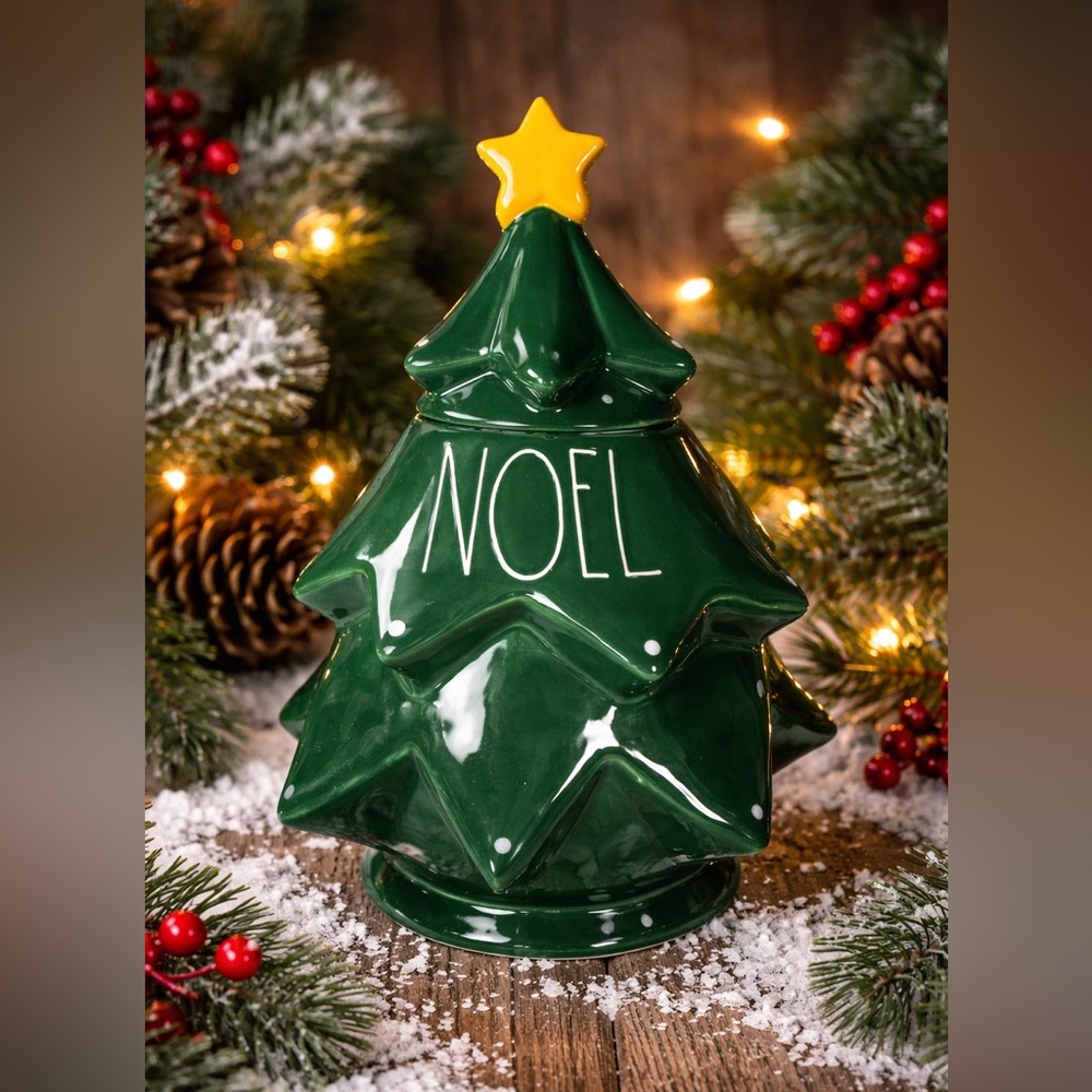 Rae Dunn‎ Noel Christmas Tree Cookie Jar Ceramic Food Safe Lid Yellow Star